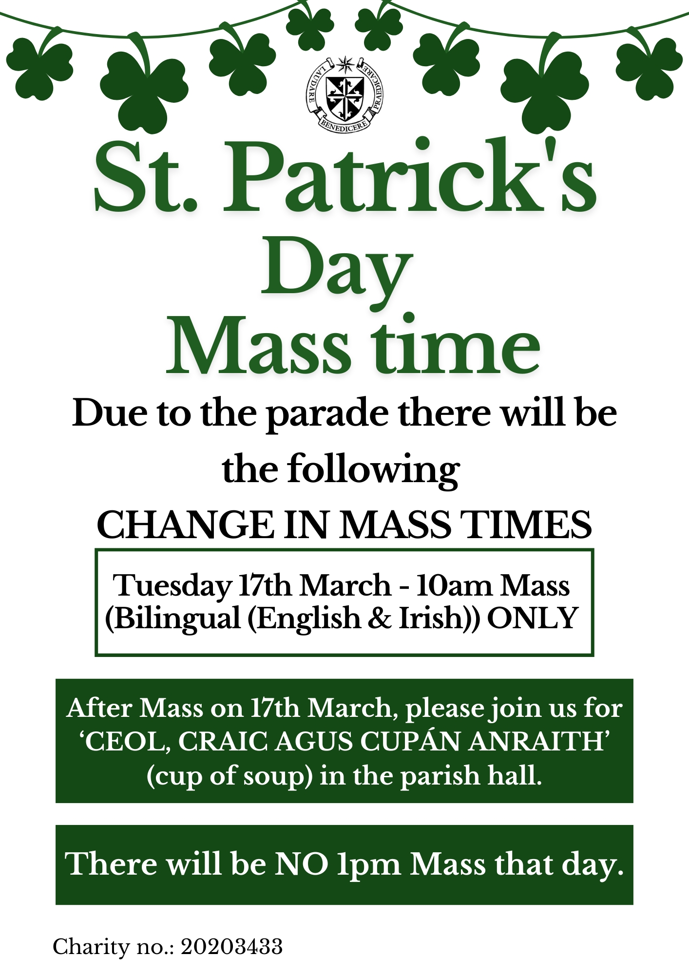 St. Patrick's Weekend Mass times